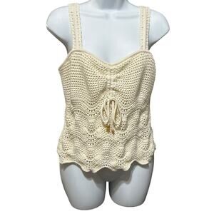 Rachel Zoe Boho Crochet Crop Babydoll Top L Ivory Indie Sleaze Coquette‎ Resort